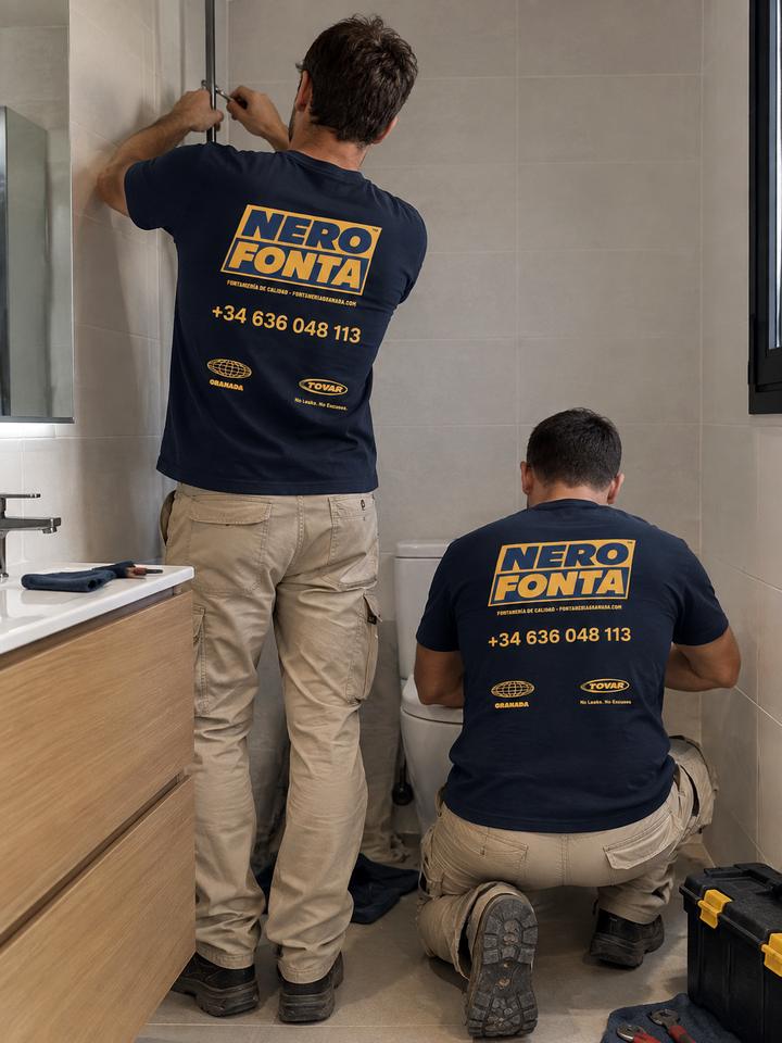Dos fontaneros de NERO FONTA trabajando en un baño en Granada